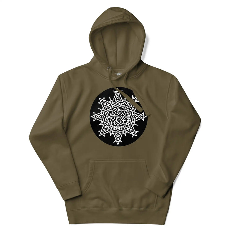 A military green Xigfireon graphic hoodie featuring the Black & White Circle iteration of the `Morning Star Fire` Celtic knot design. The `Morning Star Fire` Celtic knot symbolizes the Sun.