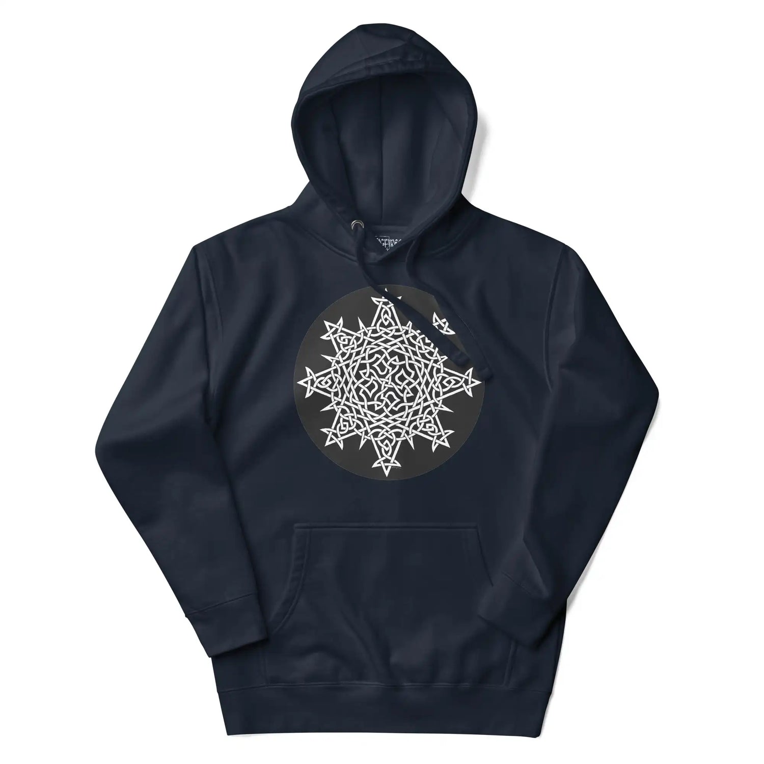 A navy blazer Xigfireon graphic hoodie featuring the Black & White Circle iteration of the `Morning Star Fire` Celtic knot design. The `Morning Star Fire` Celtic knot symbolizes the Sun.