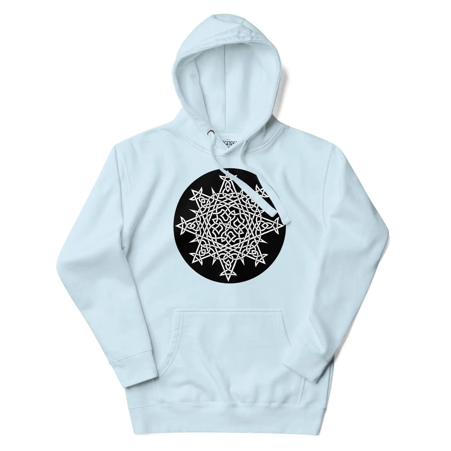 A sky blue Xigfireon graphic hoodie featuring the Black & White Circle iteration of the `Morning Star Fire` Celtic knot design. The `Morning Star Fire` Celtic knot symbolizes the Sun.