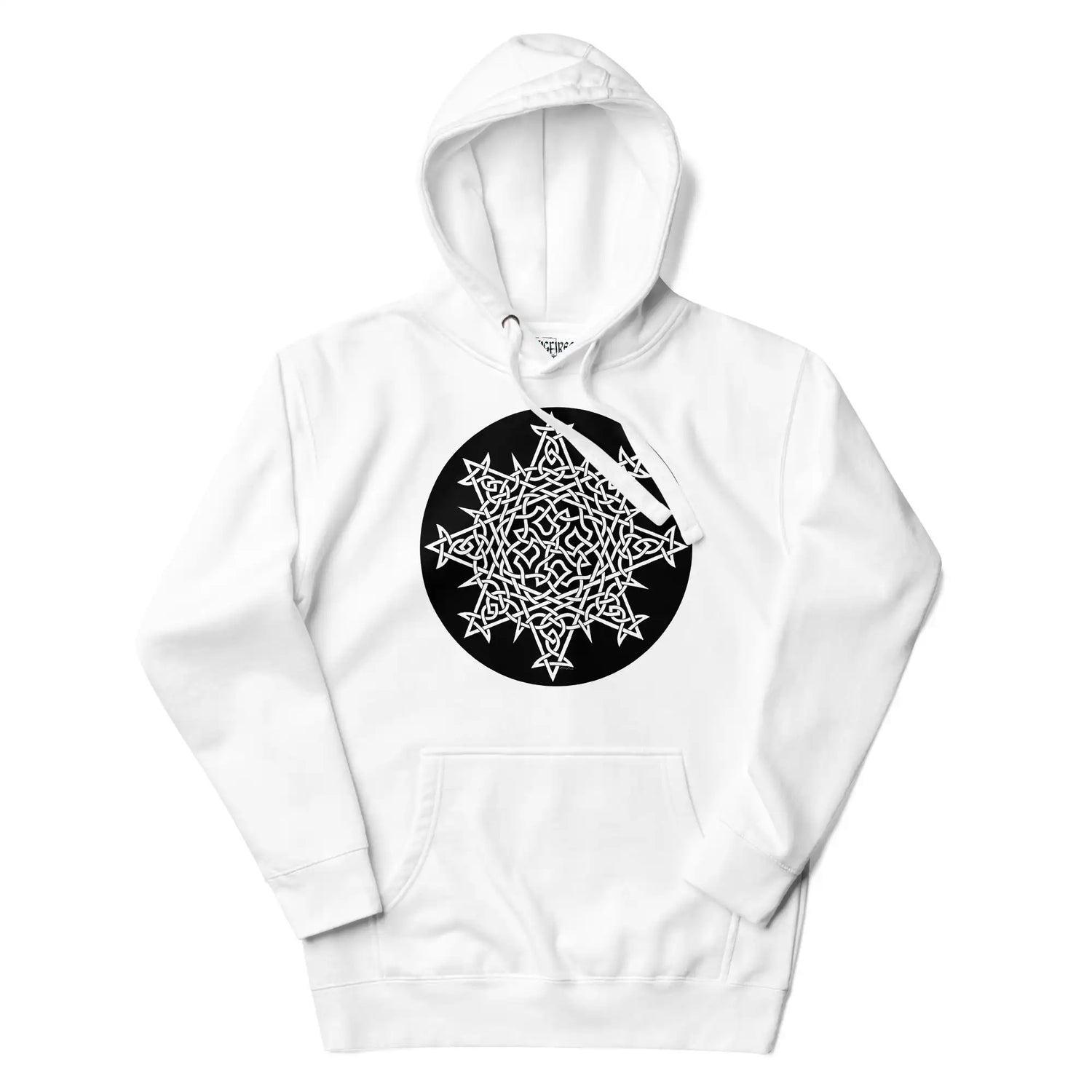 A white Xigfireon graphic hoodie featuring the Black & White Circle iteration of the `Morning Star Fire` Celtic knot design. The `Morning Star Fire` Celtic knot symbolizes the Sun.