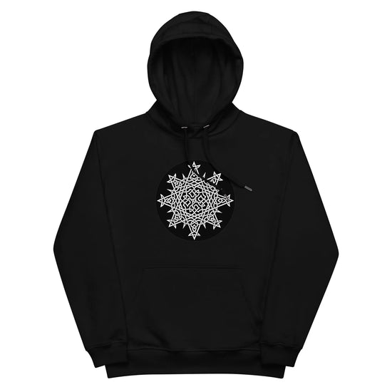 A black Xigfireon graphic eco hoodie featuring the Black & White Circle iteration of the `Morning Star Fire` Celtic knot design. The `Morning Star Fire` Celtic knot symbolizes the Sun.