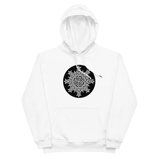 A white Xigfireon graphic eco hoodie featuring the Black & White Circle iteration of the `Morning Star Fire` Celtic knot design. The `Morning Star Fire` Celtic knot symbolizes the Sun.