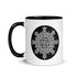 A Xigfireon white ceramic 11oz mug featuring the Black & White Circle iteration of the `Morning Star Fire` Celtic knot design, with black handle and inside. This Celtic knot symbolizes Father Sun.