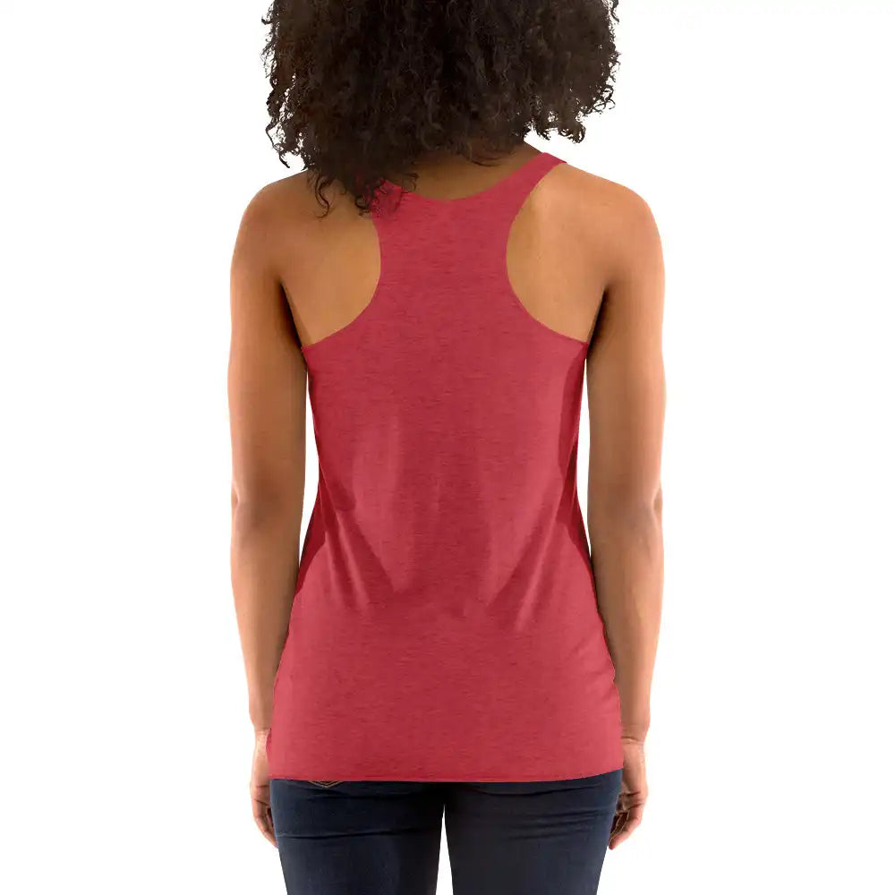 A young woman, viewed from behind, wearing a vintage red Xigfireon graphic women&