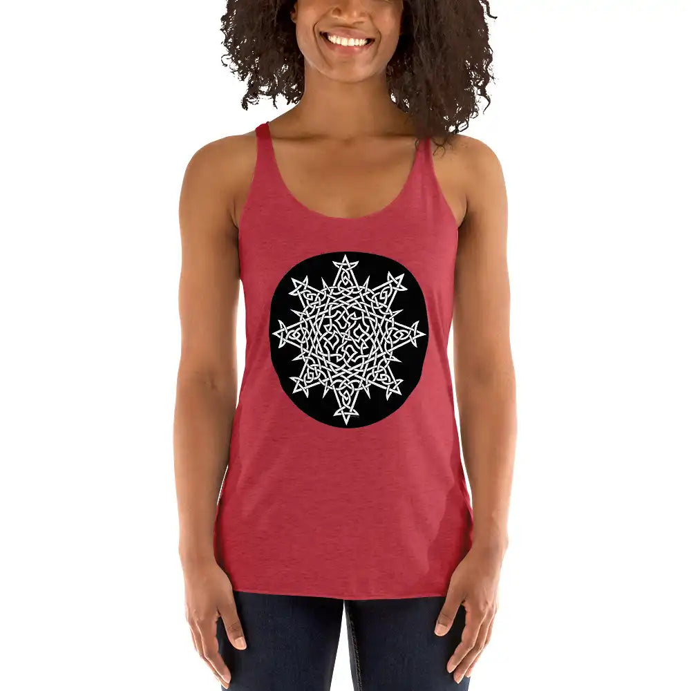 A young woman, viewed from the front, wearing a vintage red Xigfireon graphic women&