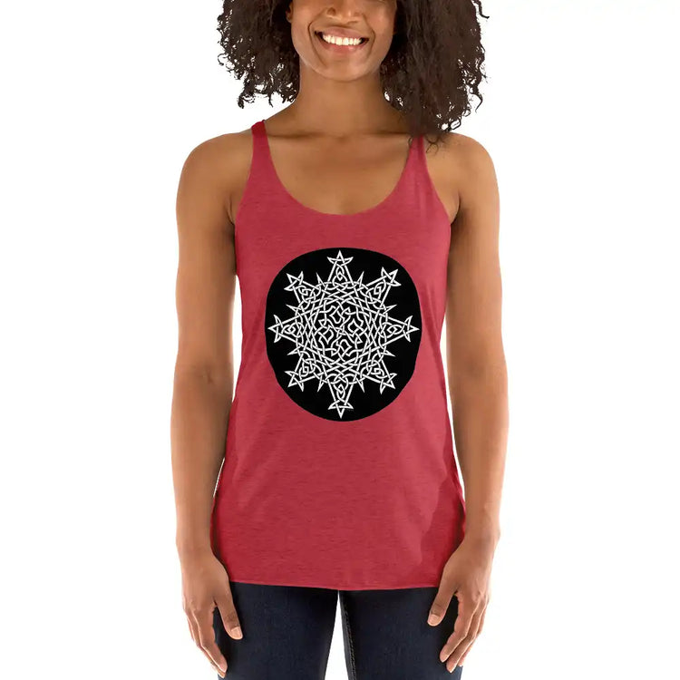 A young woman, viewed from the front, wearing a vintage red Xigfireon graphic women&