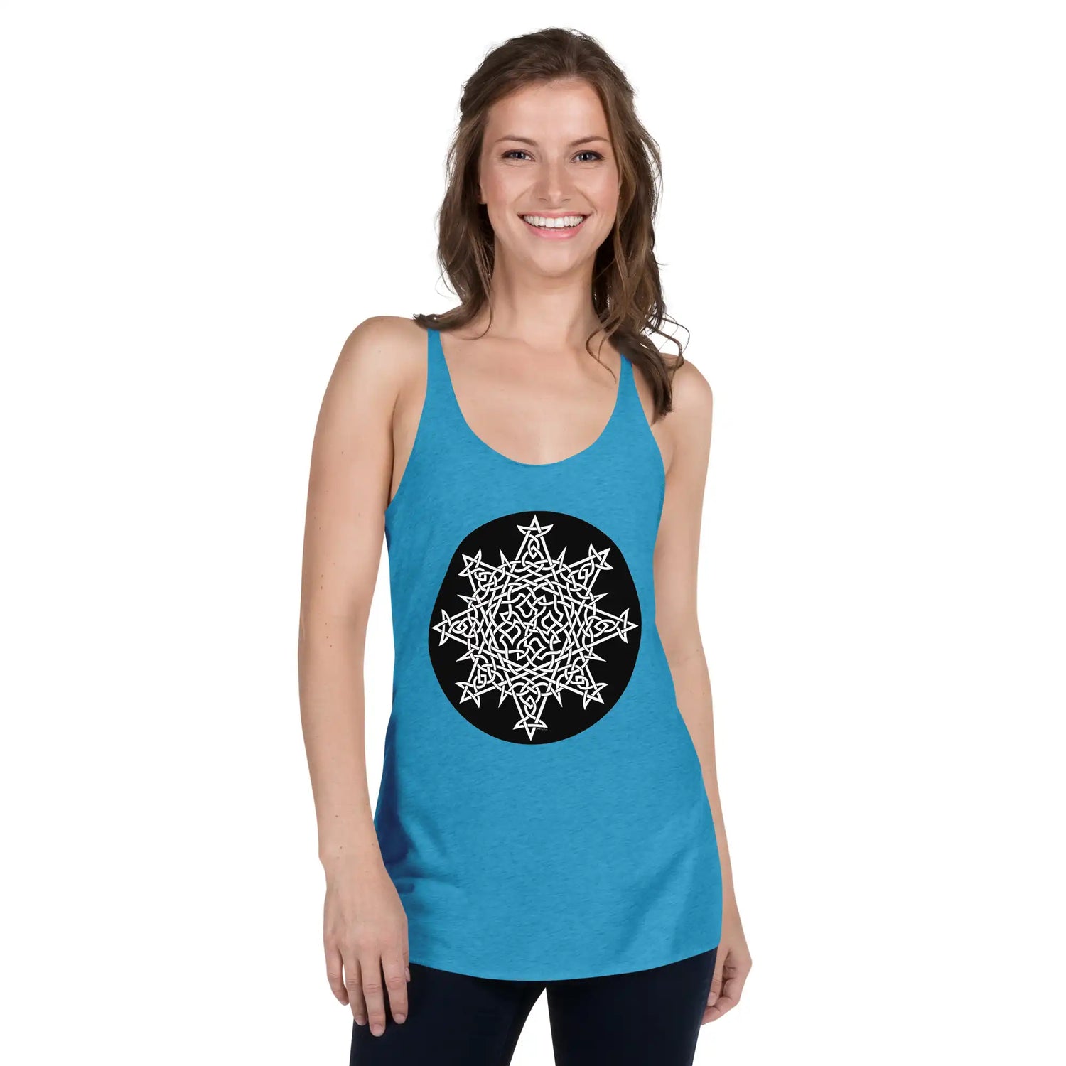 A young woman, viewed from the front, wearing a vintage turquoise Xigfireon graphic women&