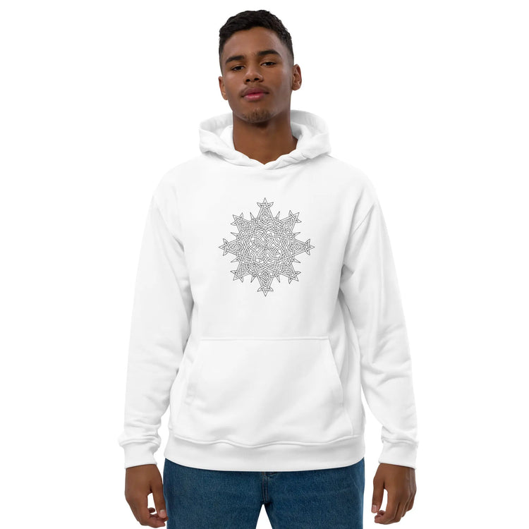 A young man wearing a white Xigfireon graphic eco hoodie featuring the Black & White Hollow iteration of the `Morning Star Fire` Celtic knot design. The `Morning Star Fire` Celtic knot is a Sun symbol.