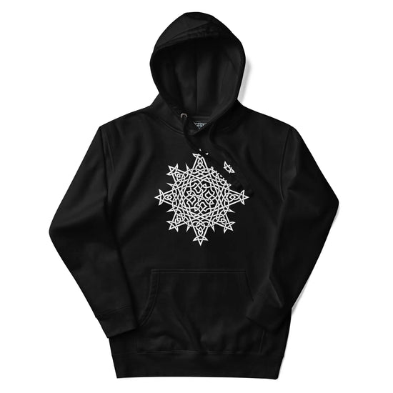 A black Xigfireon graphic hoodie featuring the Black & White Hollow iteration of the `Morning Star Fire` Celtic knot design. This Celtic knot symbolizes the Sun.