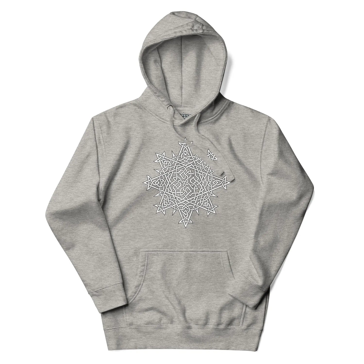 A carbon grey Xigfireon graphic hoodie featuring the Black & White Hollow iteration of the `Morning Star Fire` Celtic knot design. This Celtic knot symbolizes the Sun.