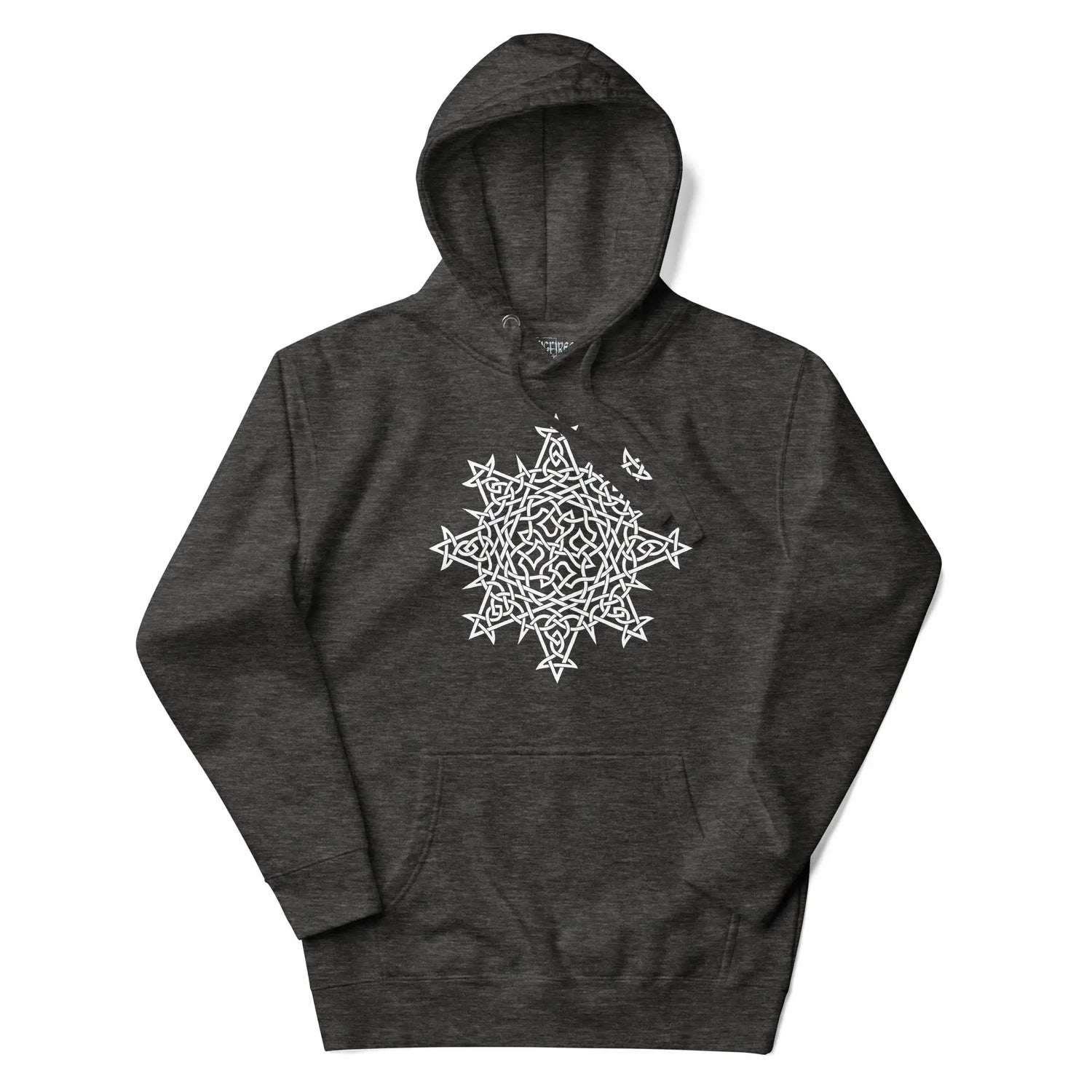 A charcoal heather Xigfireon graphic hoodie featuring the Black & White Hollow iteration of the `Morning Star Fire` Celtic knot design. This Celtic knot symbolizes the Sun.