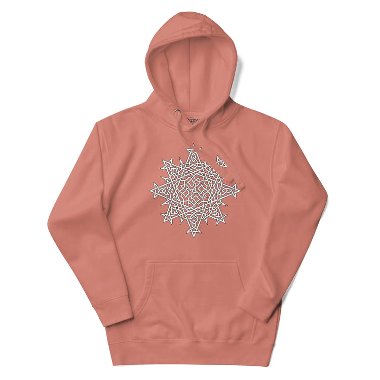 A dusty rose Xigfireon graphic hoodie featuring the Black & White Hollow iteration of the `Morning Star Fire` Celtic knot design. This Celtic knot symbolizes the Sun.