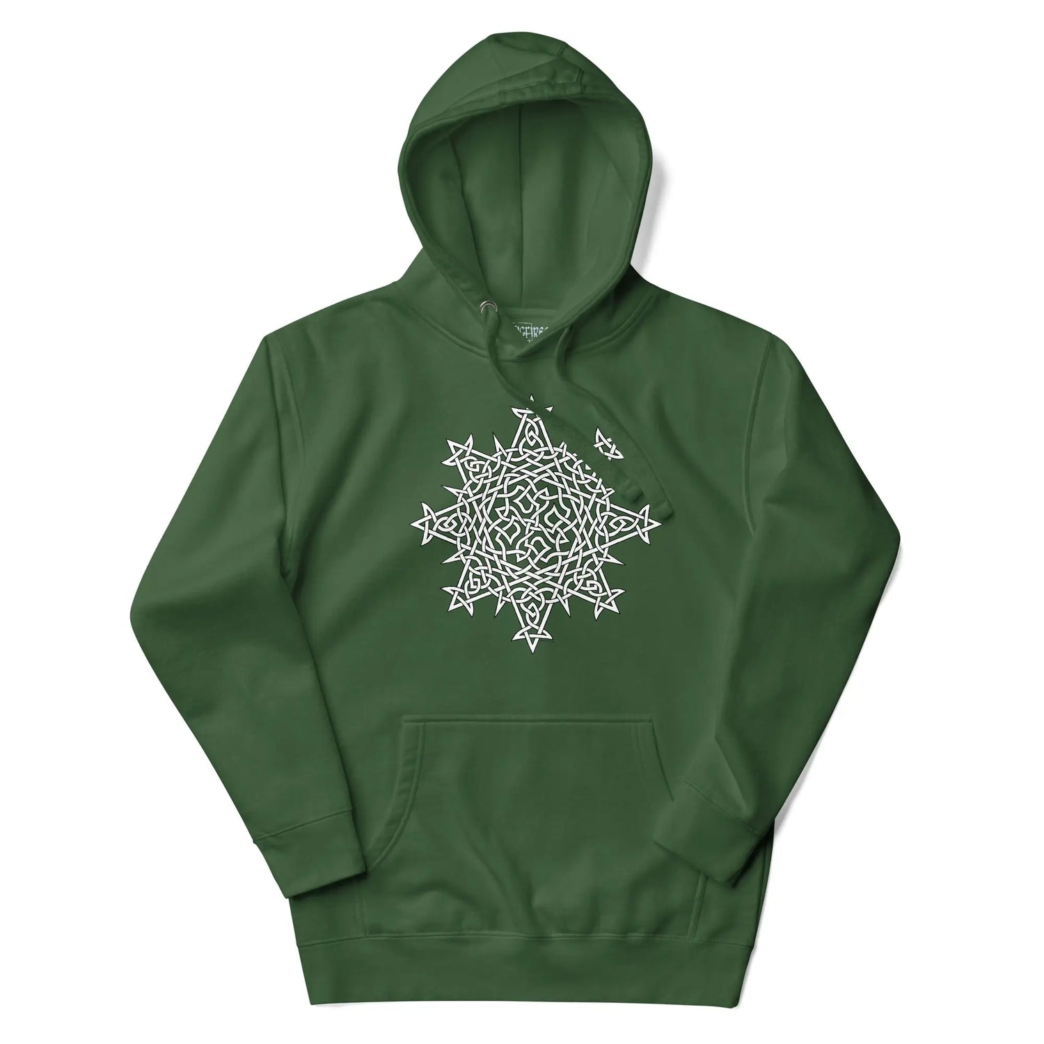 A forest green Xigfireon graphic hoodie featuring the Black & White Hollow iteration of the `Morning Star Fire` Celtic knot design. This Celtic knot symbolizes the Sun.