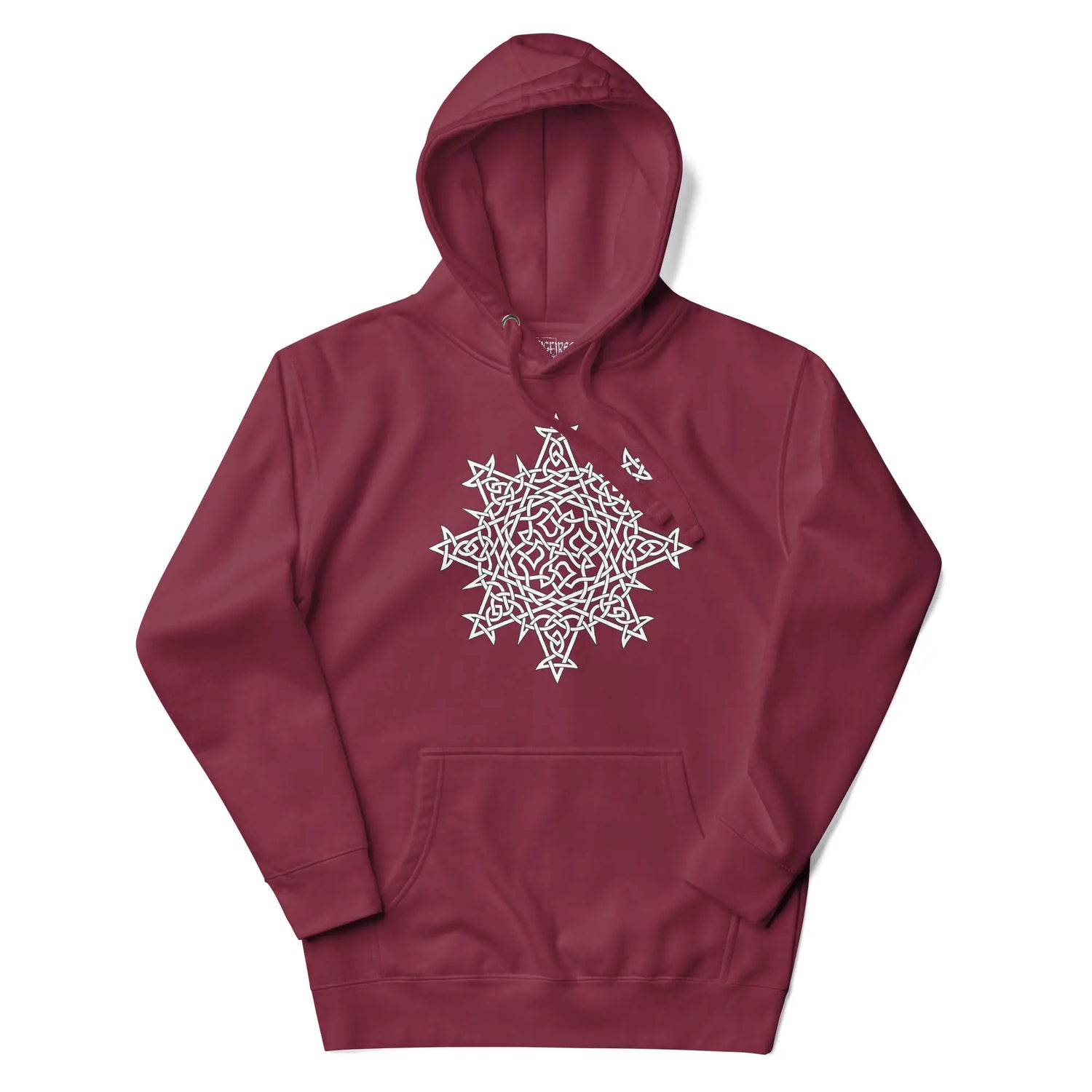 A maroon Xigfireon graphic hoodie featuring the Black & White Hollow iteration of the `Morning Star Fire` Celtic knot design. This Celtic knot symbolizes the Sun.