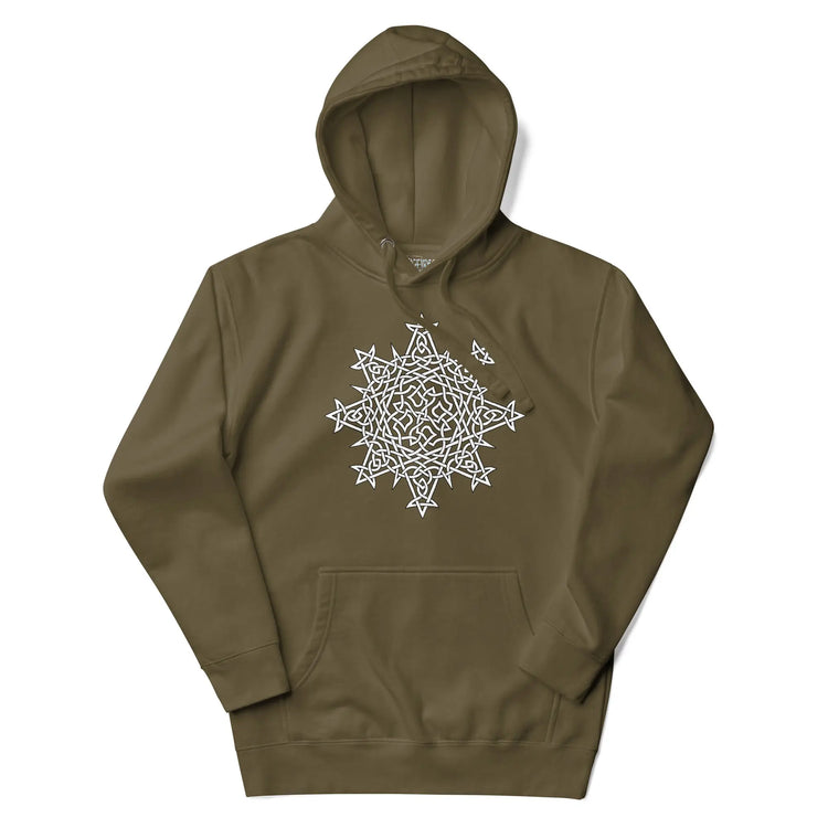 A military green Xigfireon graphic hoodie featuring the Black & White Hollow iteration of the `Morning Star Fire` Celtic knot design. This Celtic knot symbolizes the Sun.