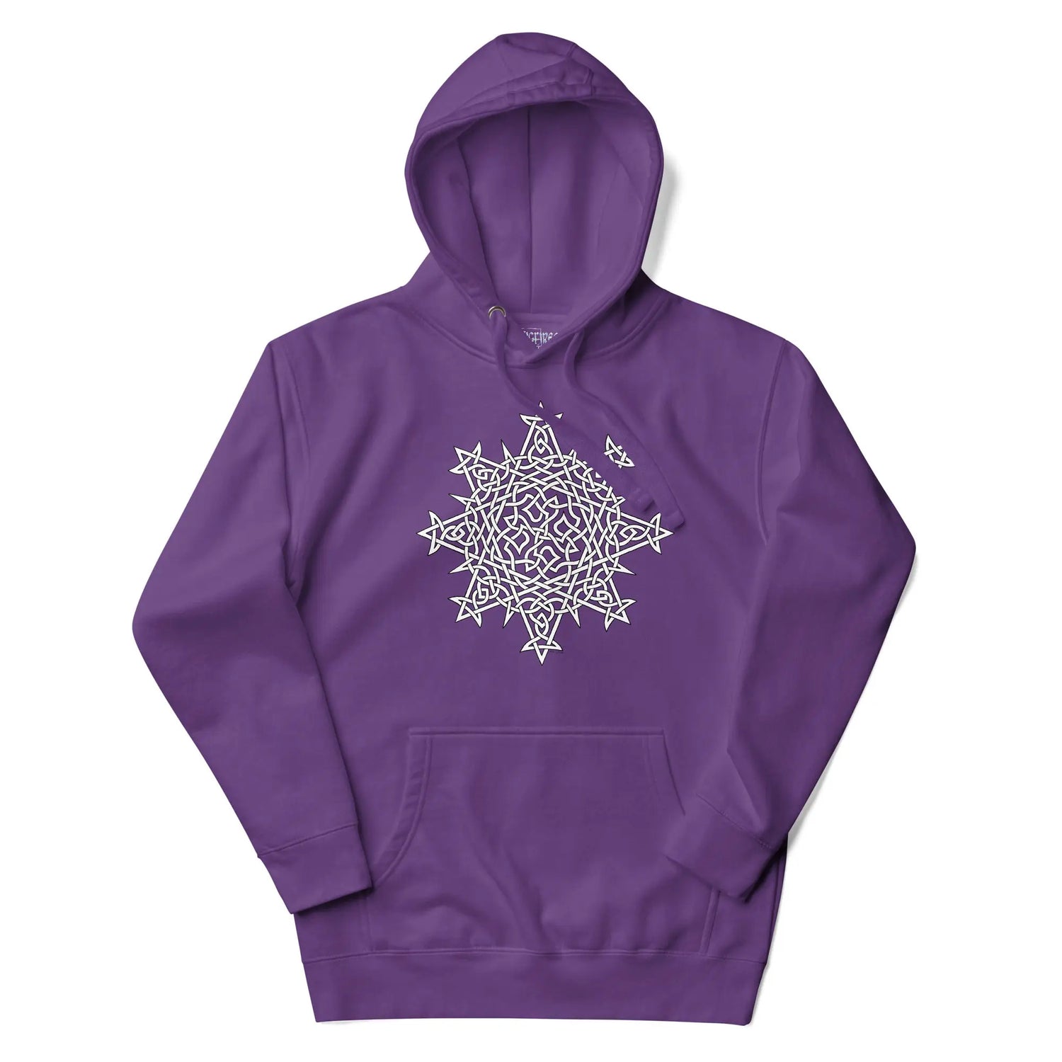 A purple Xigfireon graphic hoodie featuring the Black & White Hollow iteration of the `Morning Star Fire` Celtic knot design. This Celtic knot symbolizes the Sun.