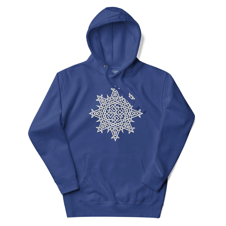 A royal blue Xigfireon graphic hoodie featuring the Black & White Hollow iteration of the `Morning Star Fire` Celtic knot design. This Celtic knot symbolizes the Sun.