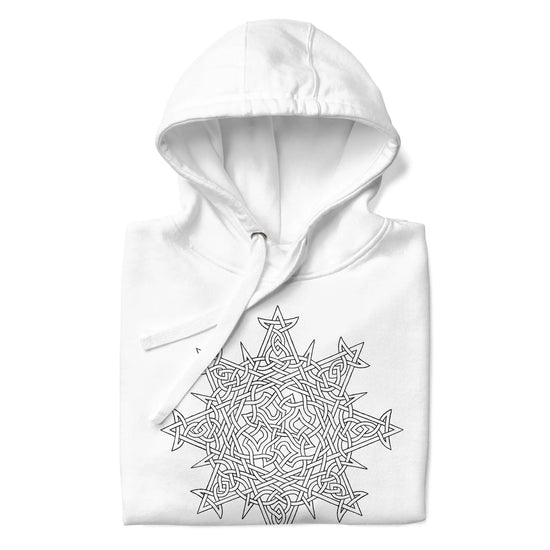 A close-up view of a folded white Xigfireon graphic hoodie featuring the Black & White Hollow iteration of the `Morning Star Fire` Celtic knot design. This Celtic knot symbolizes the Sun.