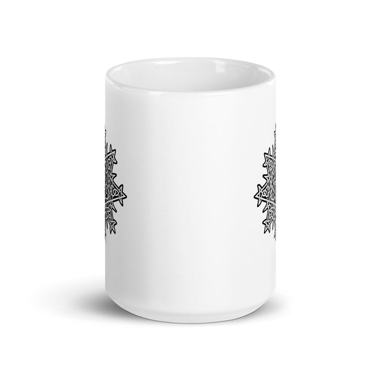 The front side of a Xigfireon white glossy 15oz mug featuring the Black & White Solid iteration of the `Morning Star Fire` Celtic knot design. This Celtic knot symbolizes Father Sun.