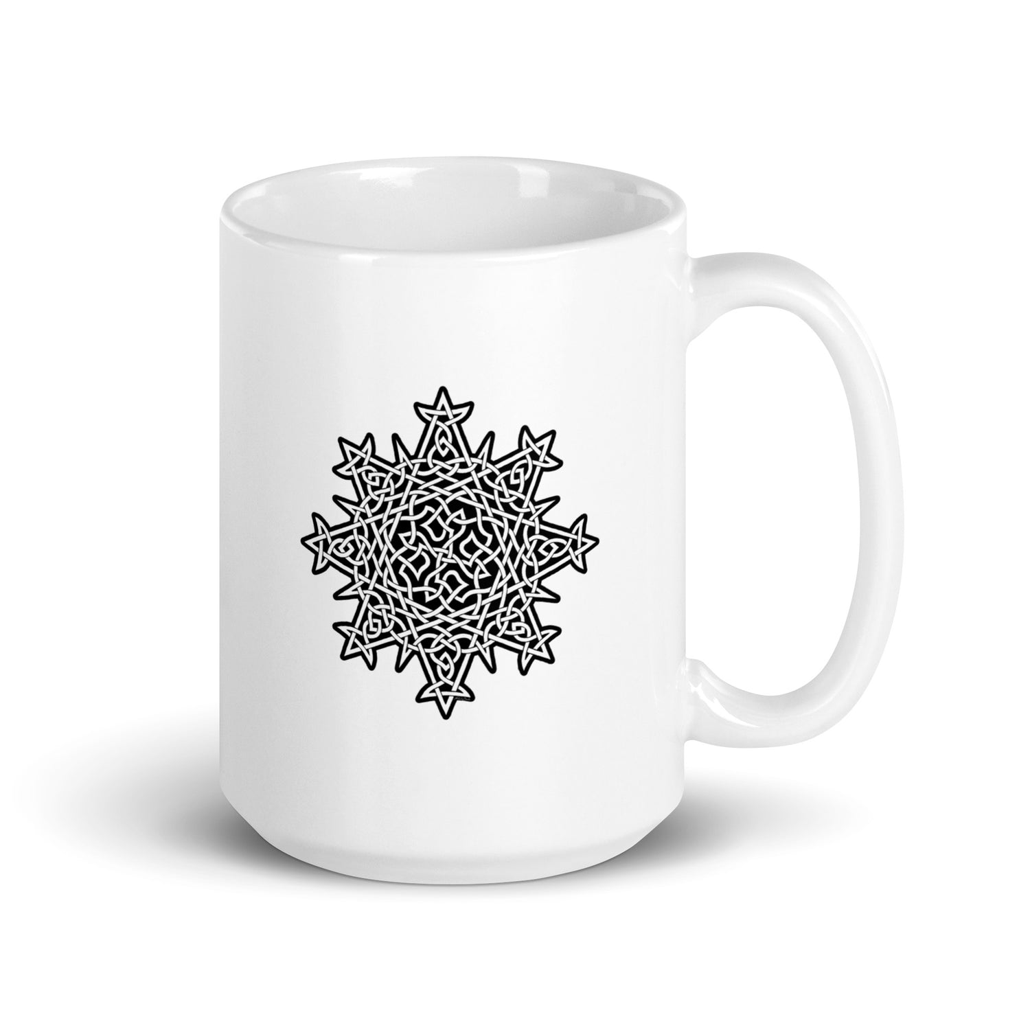 A Xigfireon white glossy 15oz mug featuring the Black & White Solid iteration of the `Morning Star Fire` Celtic knot design. This Celtic knot symbolizes Father Sun.