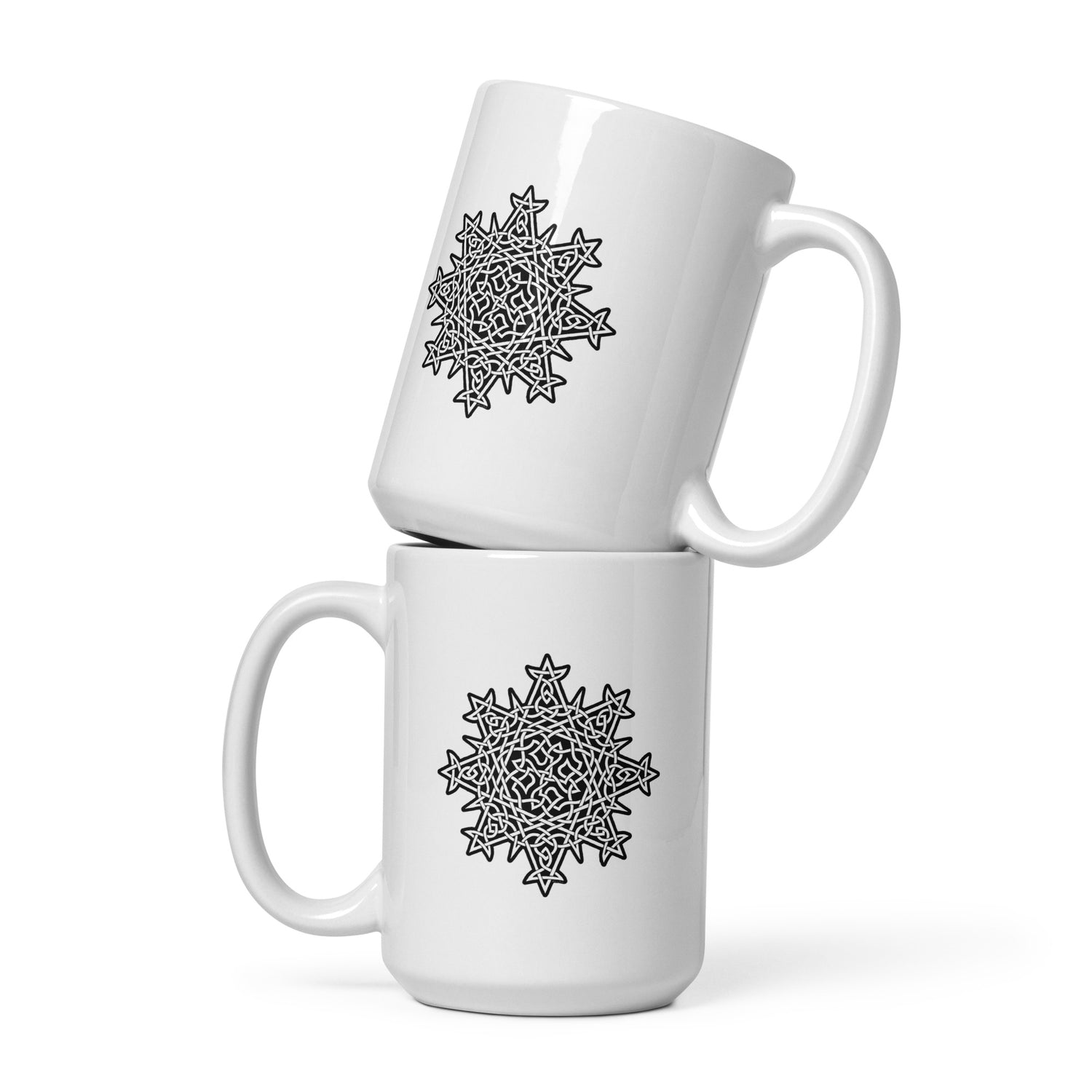 A stack of two Xigfireon white glossy 15oz mugs featuring the Black & White Solid iteration of the `Morning Star Fire` Celtic knot design. This Celtic knot symbolizes Father Sun.