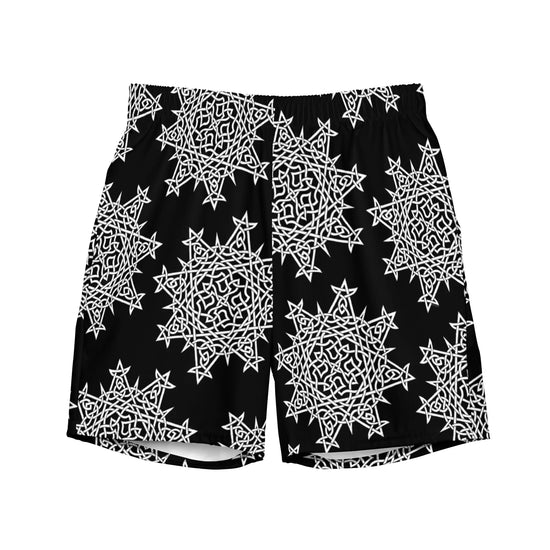 The front side of a pair of Xigfireon graphic swim trunks featuring the Black & White Solid Black patterned series of the `Morning Star Fire` Celtic knot design.