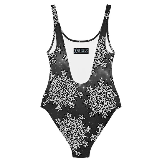 The back side of a Xigfireon graphic swimsuit featuring the Black & White Solid Cosmos patterned series of the `Morning Star Fire` Celtic knot design.