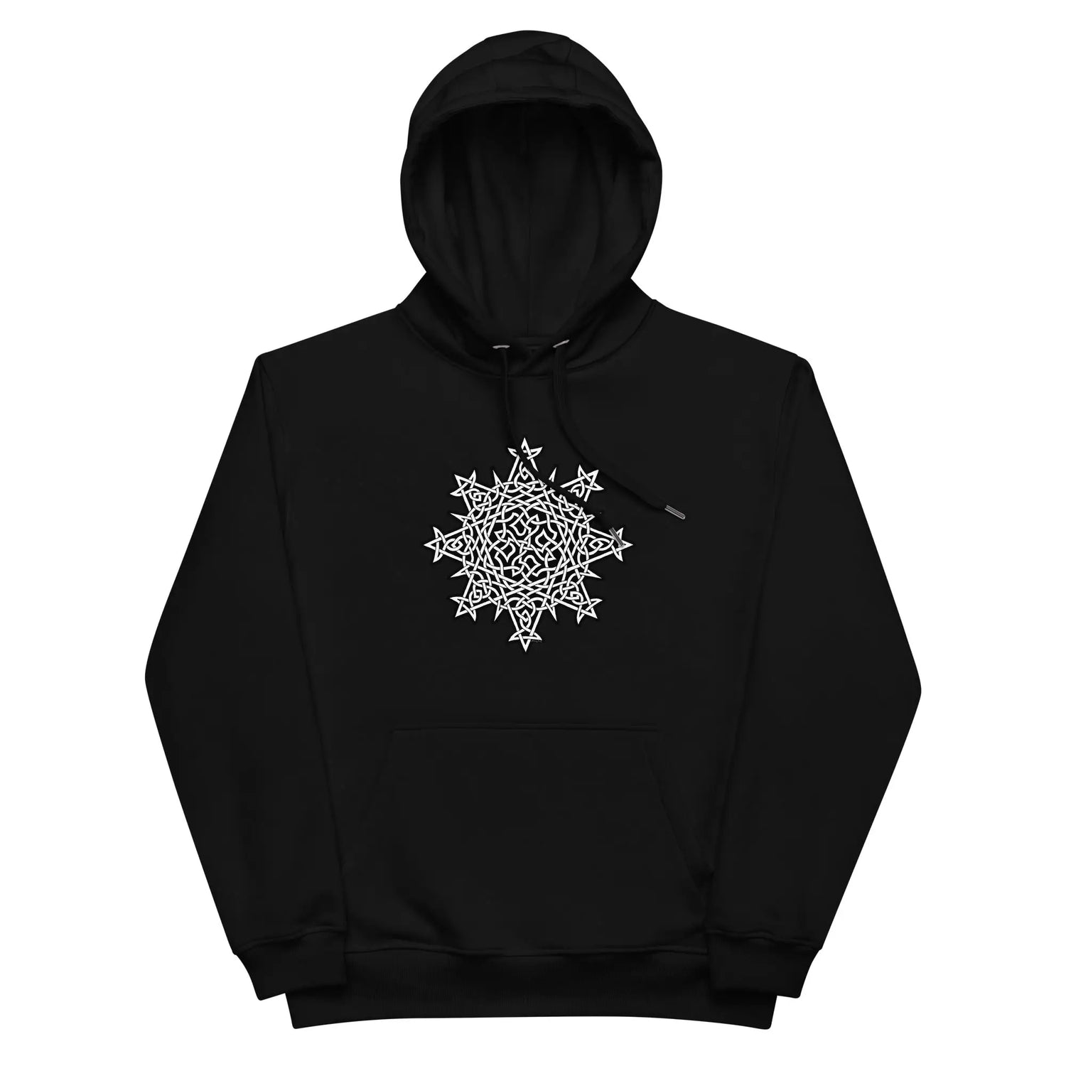 A black Xigfireon graphic eco hoodie featuring the Black & White Solid iteration of the `Morning Star Fire` Celtic knot design. The `Morning Star Fire` Celtic knot represents Father Sun.