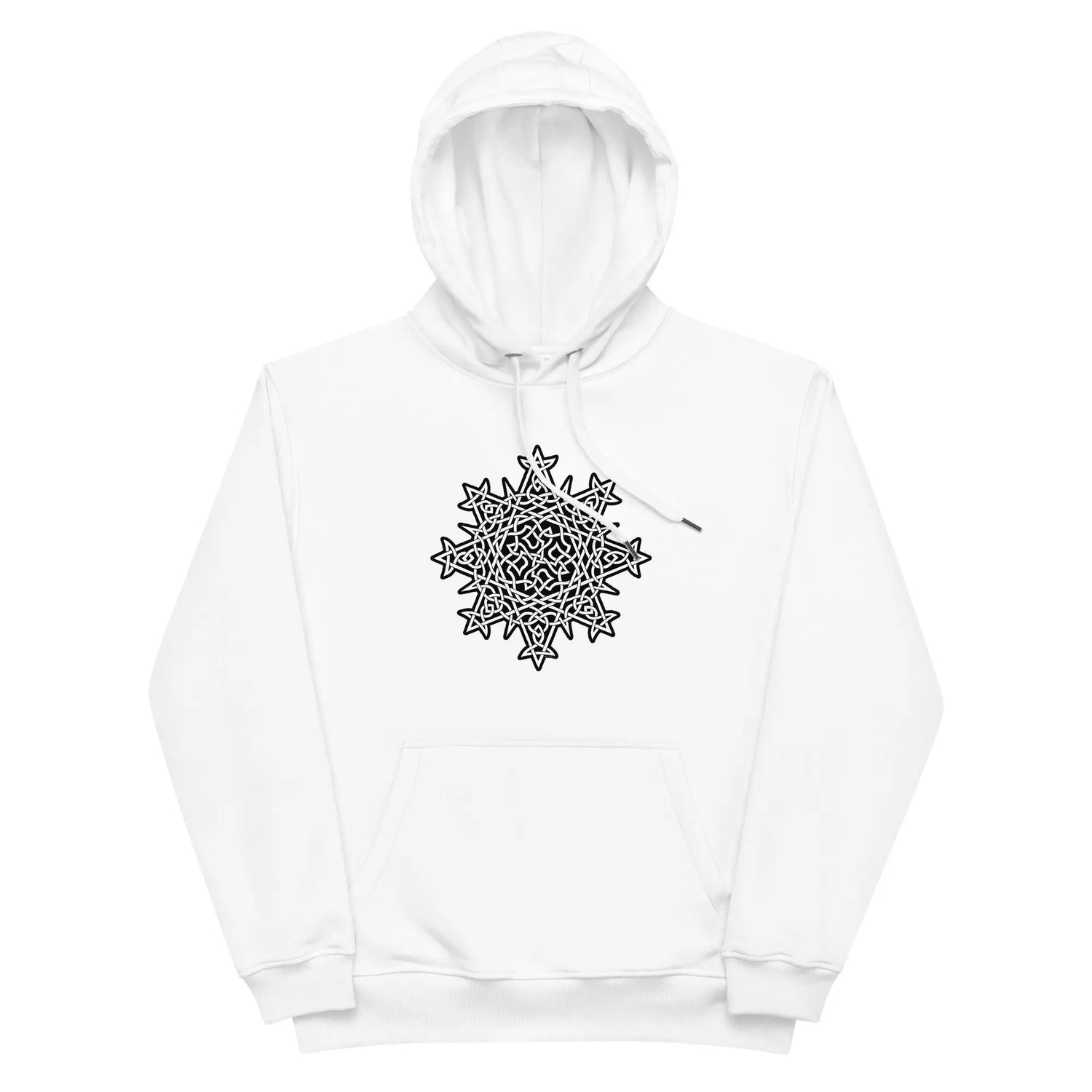 A white Xigfireon graphic eco hoodie featuring the Black & White Solid iteration of the `Morning Star Fire` Celtic knot design. The `Morning Star Fire` Celtic knot represents Father Sun.