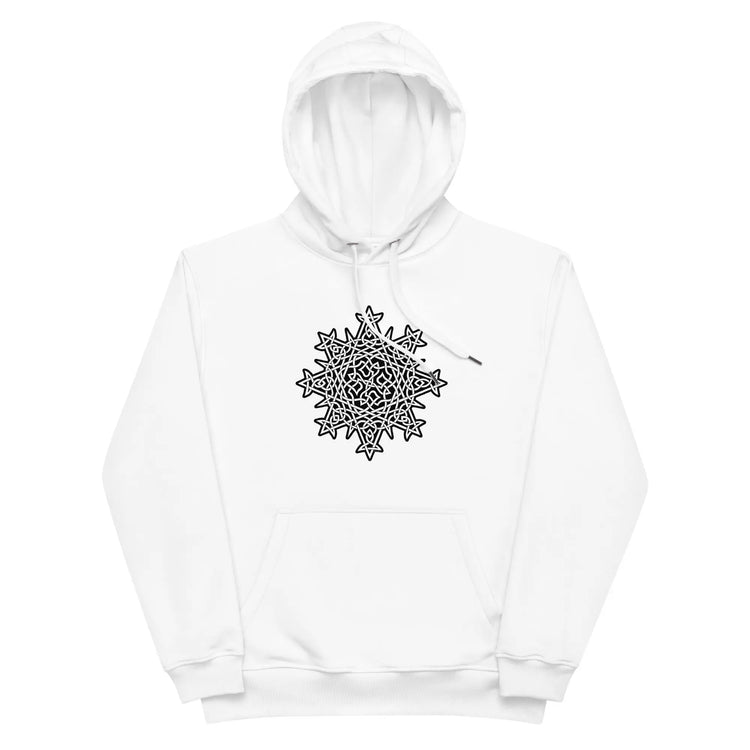 A white Xigfireon graphic eco hoodie featuring the Black & White Solid iteration of the `Morning Star Fire` Celtic knot design. The `Morning Star Fire` Celtic knot represents Father Sun.