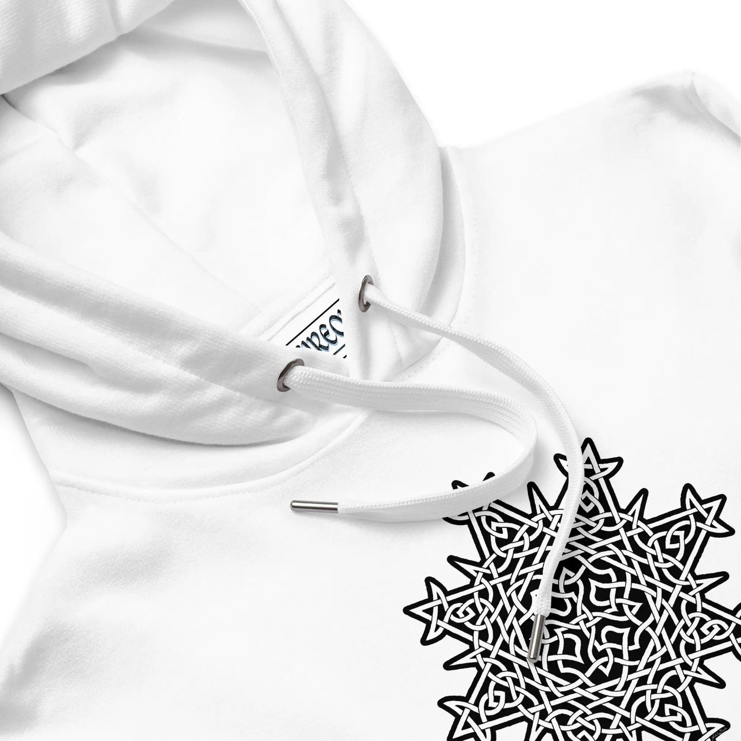 A close-up view of a white Xigfireon graphic eco hoodie featuring the Black & White Solid iteration of the `Morning Star Fire` Celtic knot design. The `Morning Star Fire` Celtic knot represents Father Sun.