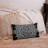 The front side of a 20 inch by 12 inch Xigfireon pillowcase featuring the Black & White Súmáilte iteration of the `Morning Star Fire` Celtic knot design, symbolizing Father Sun.