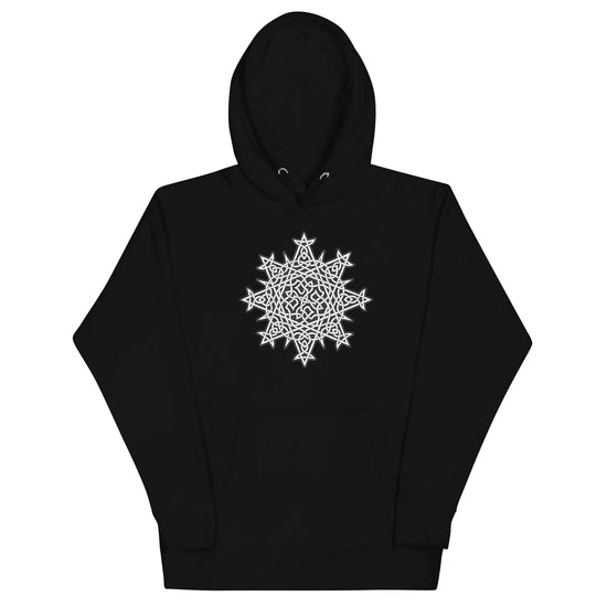 A black Xigfireon graphic hoodie featuring the Black & White Solid iteration of the `Morning Star Fire` Celtic knot design. This Celtic knot symbolizes the Sun.