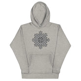 A carbon grey Xigfireon graphic hoodie featuring the Black & White Solid iteration of the `Morning Star Fire` Celtic knot design. This Celtic knot symbolizes the Sun.