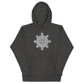 A charcoal heather Xigfireon graphic hoodie featuring the Black & White Solid iteration of the `Morning Star Fire` Celtic knot design. This Celtic knot symbolizes the Sun.