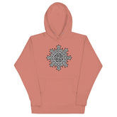 A dusty rose Xigfireon graphic hoodie featuring the Black & White Solid iteration of the `Morning Star Fire` Celtic knot design. This Celtic knot symbolizes the Sun.