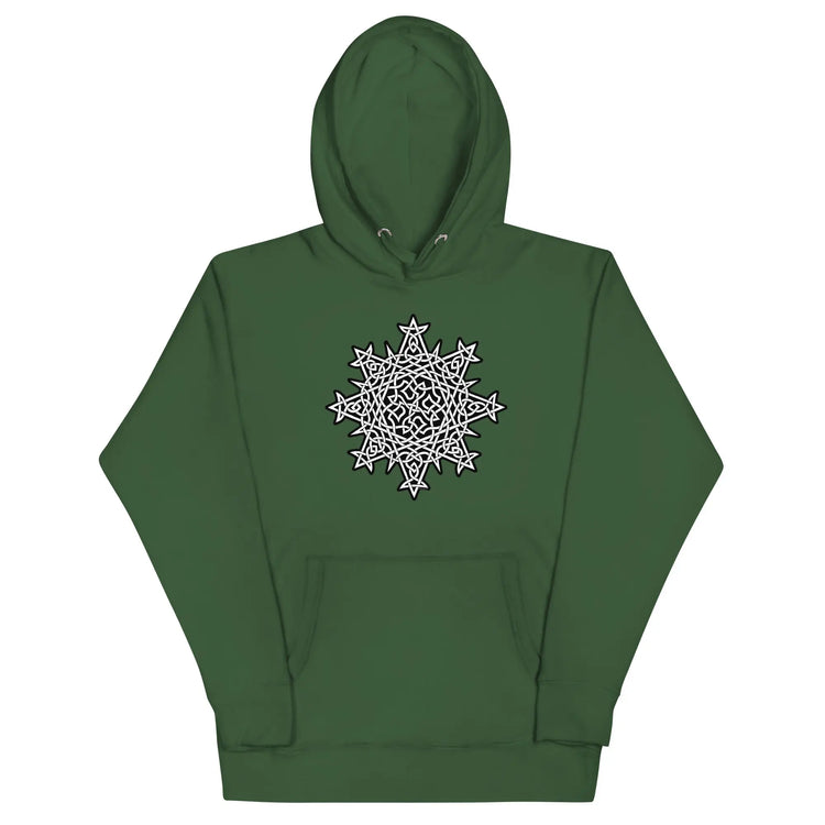 A forest green Xigfireon graphic hoodie featuring the Black & White Solid iteration of the `Morning Star Fire` Celtic knot design. This Celtic knot symbolizes the Sun.