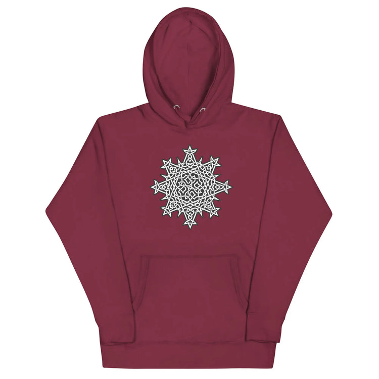 A maroon Xigfireon graphic hoodie featuring the Black & White Solid iteration of the `Morning Star Fire` Celtic knot design. This Celtic knot symbolizes the Sun.