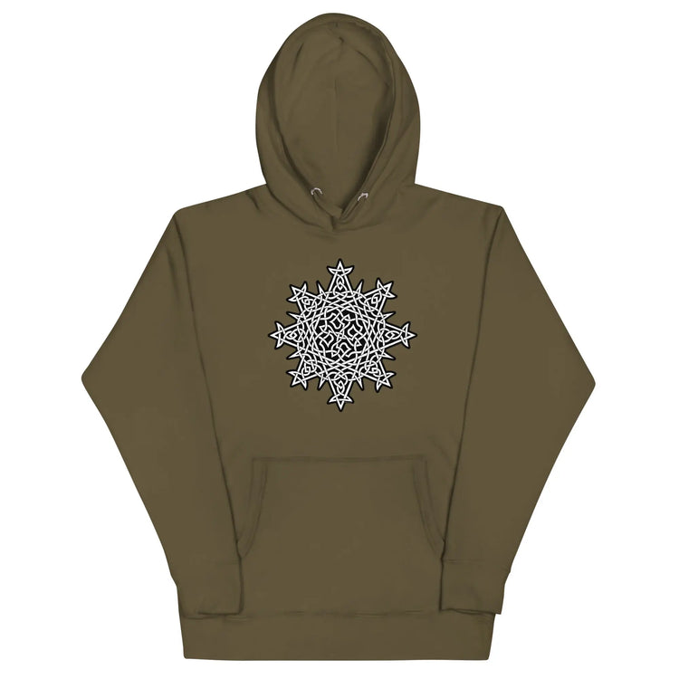 A military green Xigfireon graphic hoodie featuring the Black & White Solid iteration of the `Morning Star Fire` Celtic knot design. This Celtic knot symbolizes the Sun.