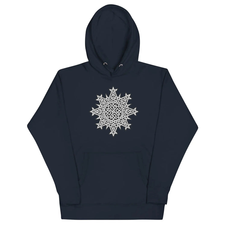 A navy blazer blue Xigfireon graphic hoodie featuring the Black & White Solid iteration of the `Morning Star Fire` Celtic knot design. This Celtic knot symbolizes the Sun.