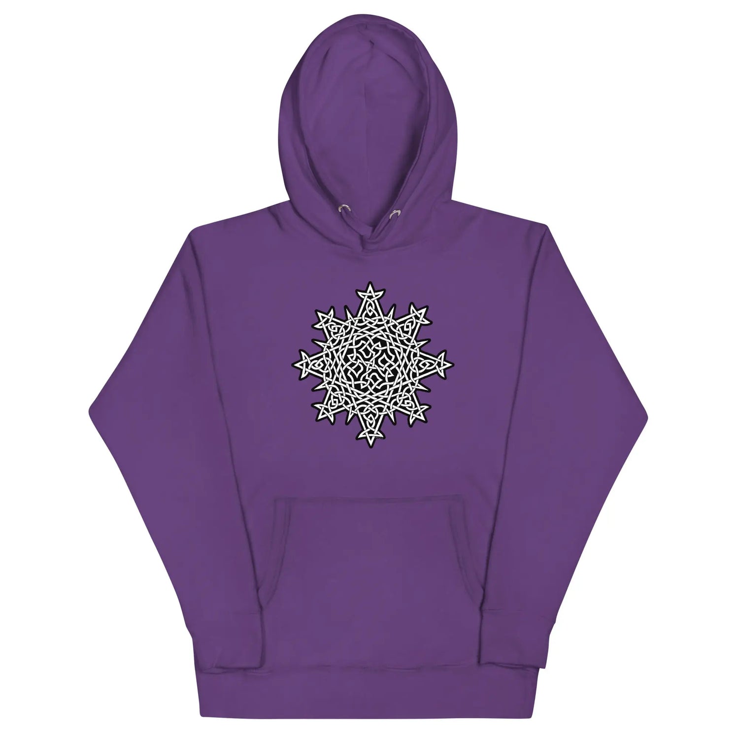 A purple Xigfireon graphic hoodie featuring the Black & White Solid iteration of the `Morning Star Fire` Celtic knot design. This Celtic knot symbolizes the Sun.