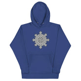 A royal blue Xigfireon graphic hoodie featuring the Black & White Solid iteration of the `Morning Star Fire` Celtic knot design. This Celtic knot symbolizes the Sun.