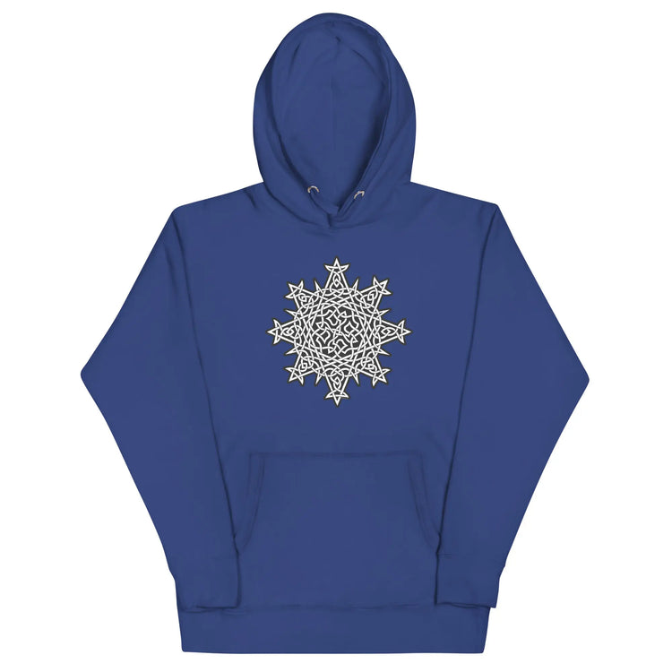 A royal blue Xigfireon graphic hoodie featuring the Black & White Solid iteration of the `Morning Star Fire` Celtic knot design. This Celtic knot symbolizes the Sun.