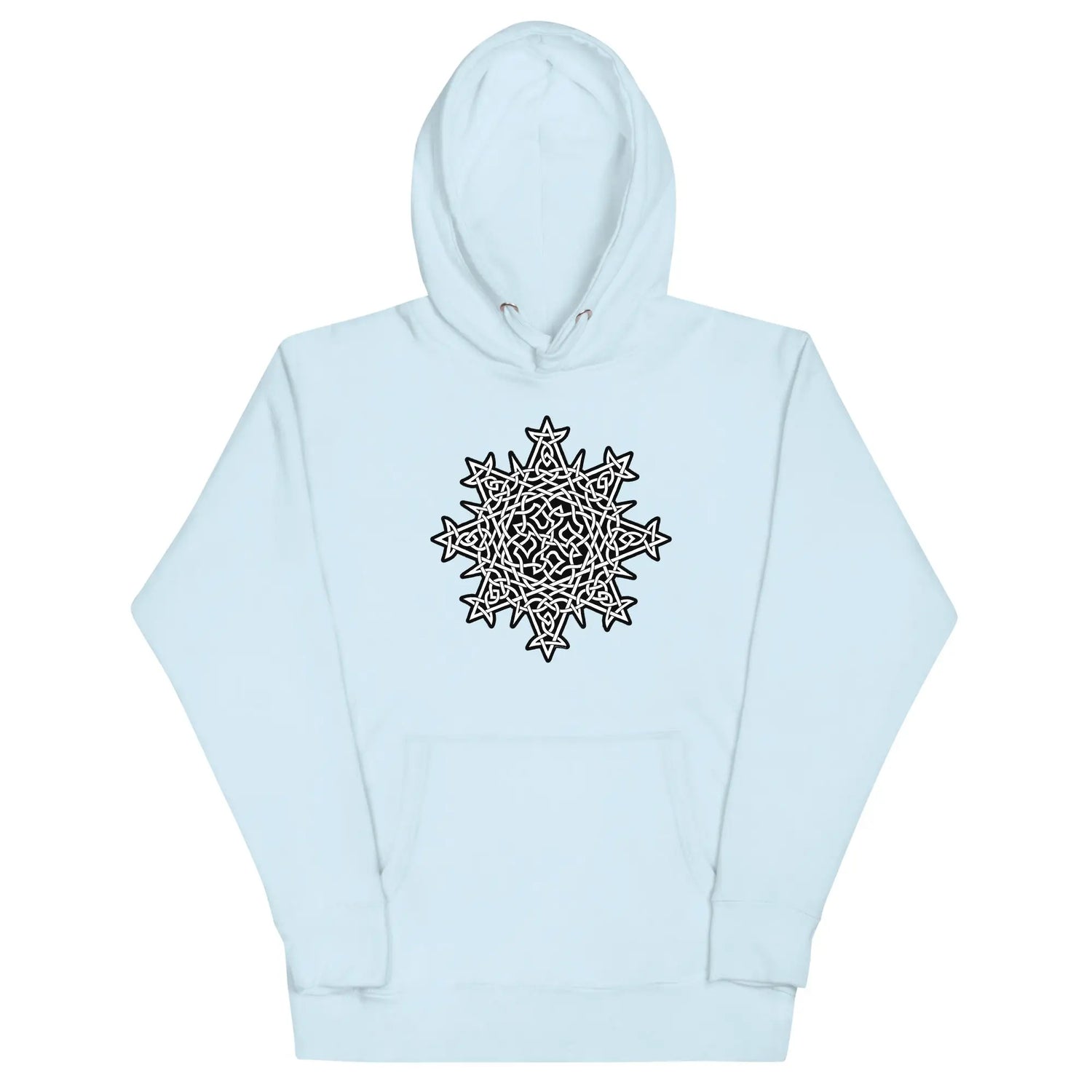 A sky blue Xigfireon graphic hoodie featuring the Black & White Solid iteration of the `Morning Star Fire` Celtic knot design. This Celtic knot symbolizes the Sun.