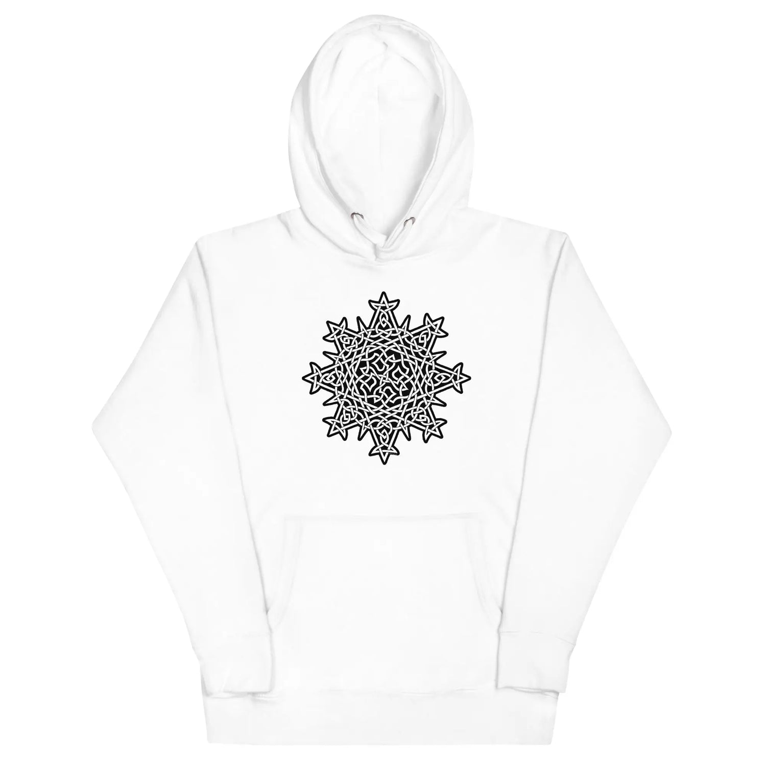 A white Xigfireon graphic hoodie featuring the Black & White Solid iteration of the `Morning Star Fire` Celtic knot design. This Celtic knot symbolizes the Sun.