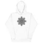 A white Xigfireon graphic hoodie featuring the Black & White Solid iteration of the `Morning Star Fire` Celtic knot design. This Celtic knot symbolizes the Sun.