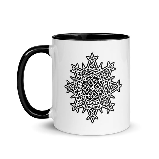 A Xigfireon white ceramic 11oz mug featuring the Black & White Solid iteration of the `Morning Star Fire` Celtic knot design, with black handle and inside. This Celtic knot symbolizes Father Sun.