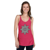 A young woman, viewed from the front, wearing a vintage shocking pink Xigfireon graphic women&