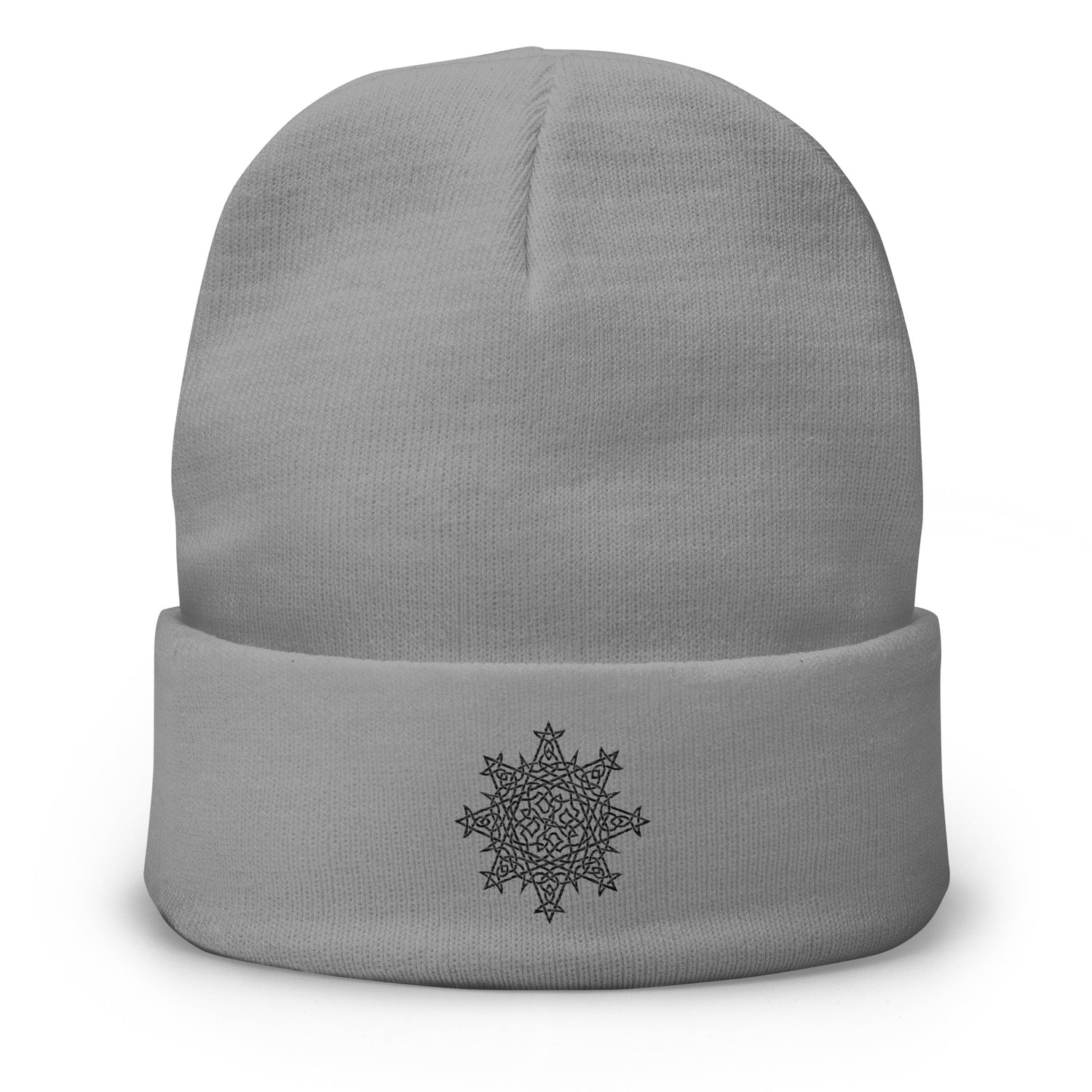 A grey Xigfireon knit beanie embroidered with the Black iteration of the `Morning Star Fire` Celtic knot design.