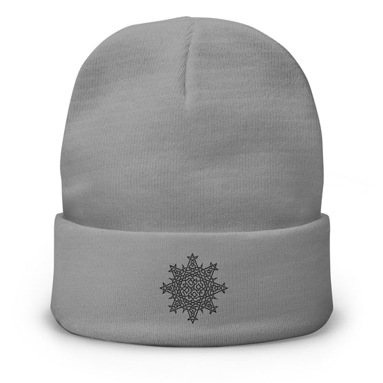 A grey Xigfireon knit beanie embroidered with the Black iteration of the `Morning Star Fire` Celtic knot design.